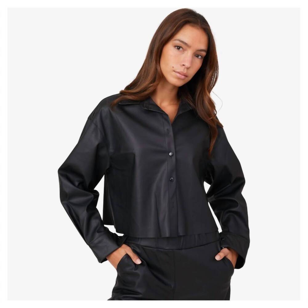 NEW ASTRID faux leather button front shirt in black